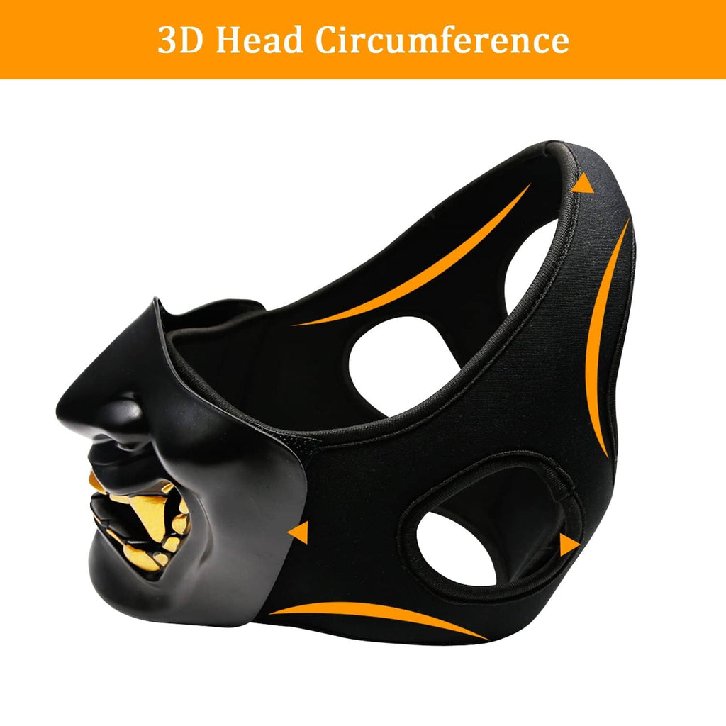 Black half-face mask with gold teeth and orange curved trim, 3D side view