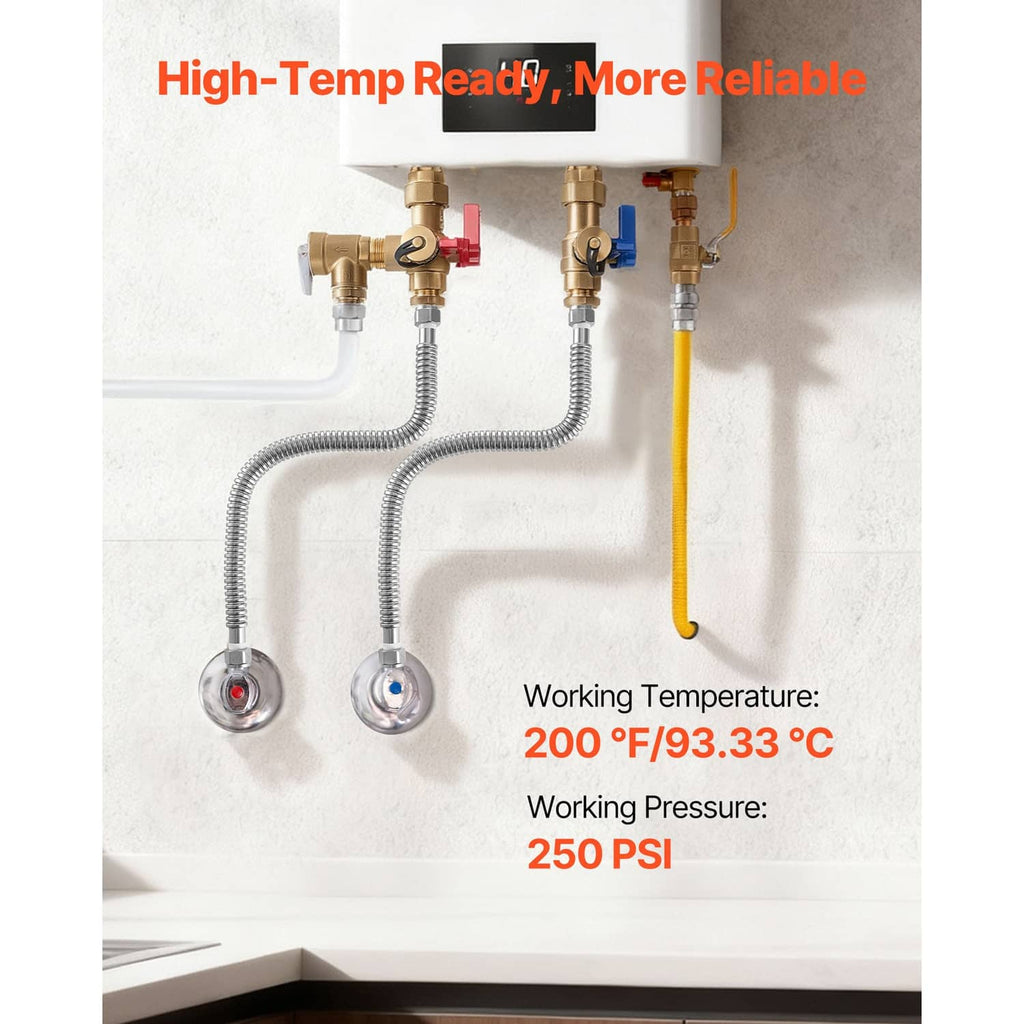 Water heater installation with flexible connector hoses and brass valve fittings