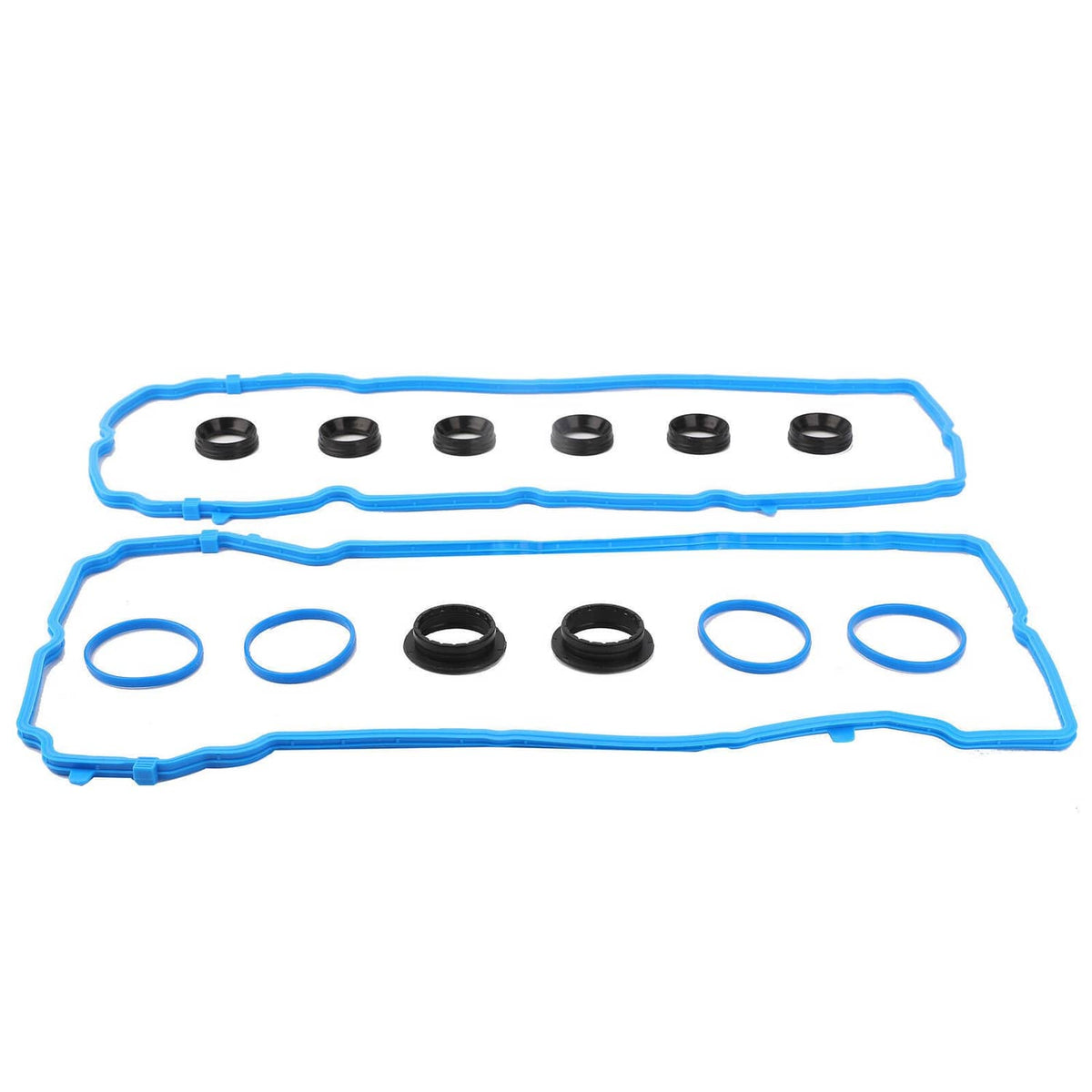 Valve cover gasket kit with blue gaskets and mixed black rings and washers.