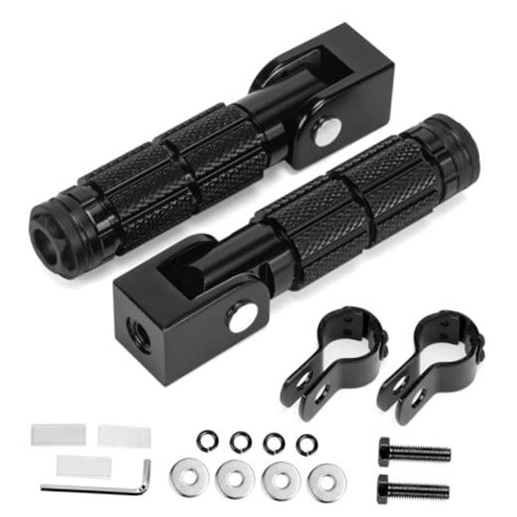 Black foldable motorcycle foot pegs with textured anti-skid grip pads and mounting brackets