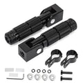 Black foldable motorcycle foot pegs with textured anti-skid grip pads and mounting brackets