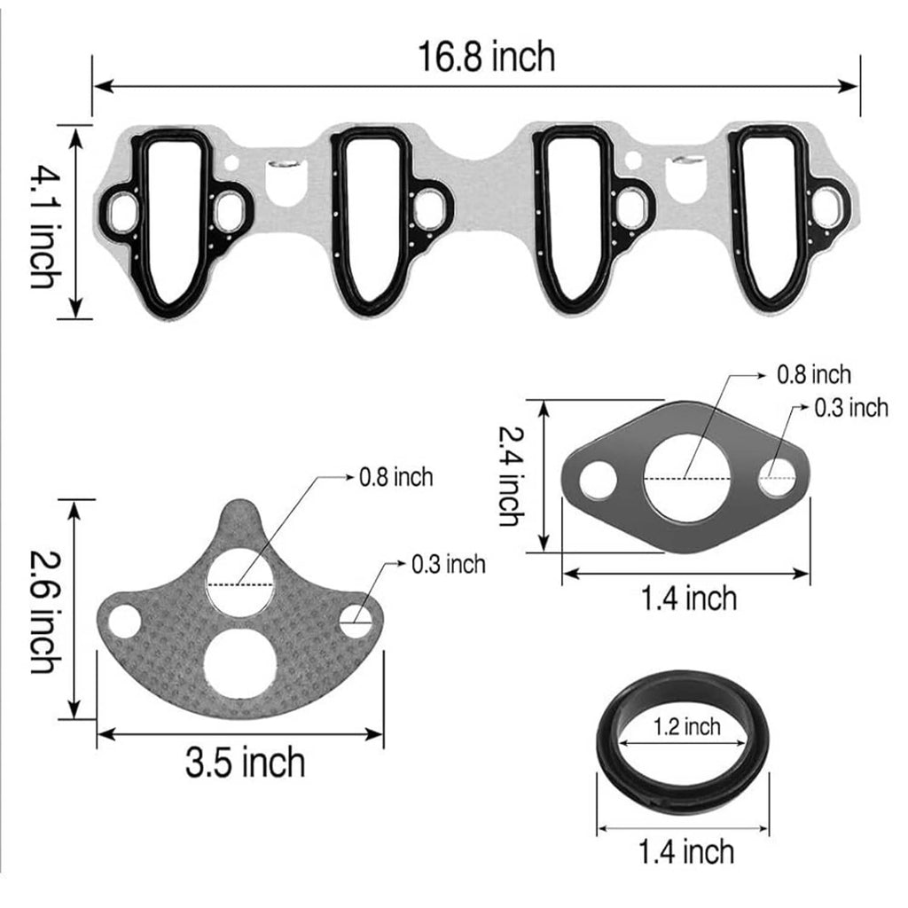 Intake manifold gasket set with black rubber gaskets, metal plates, and an O-ring seal