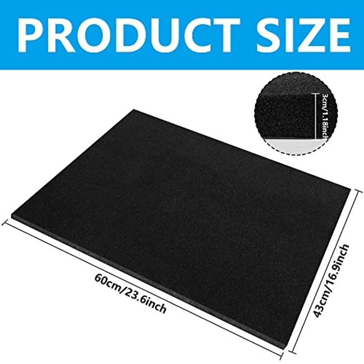 Black rectangular AC drip cushion mat with corner size proportions shown.