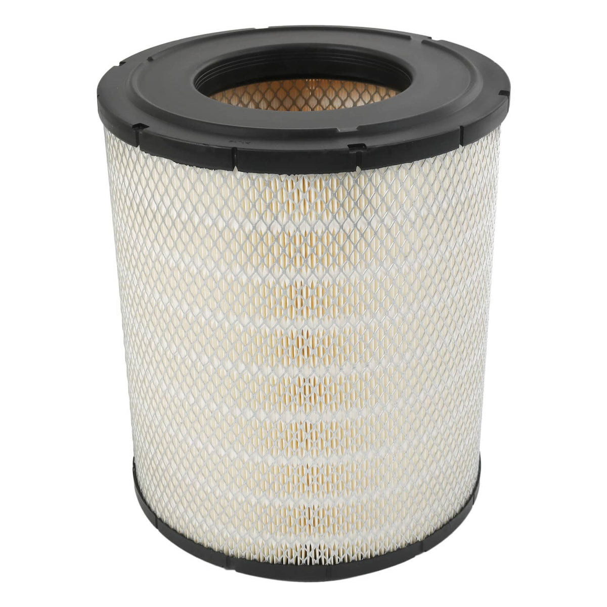 Cylindrical air filter with open top inlet and pleated media, black end caps, RS3518