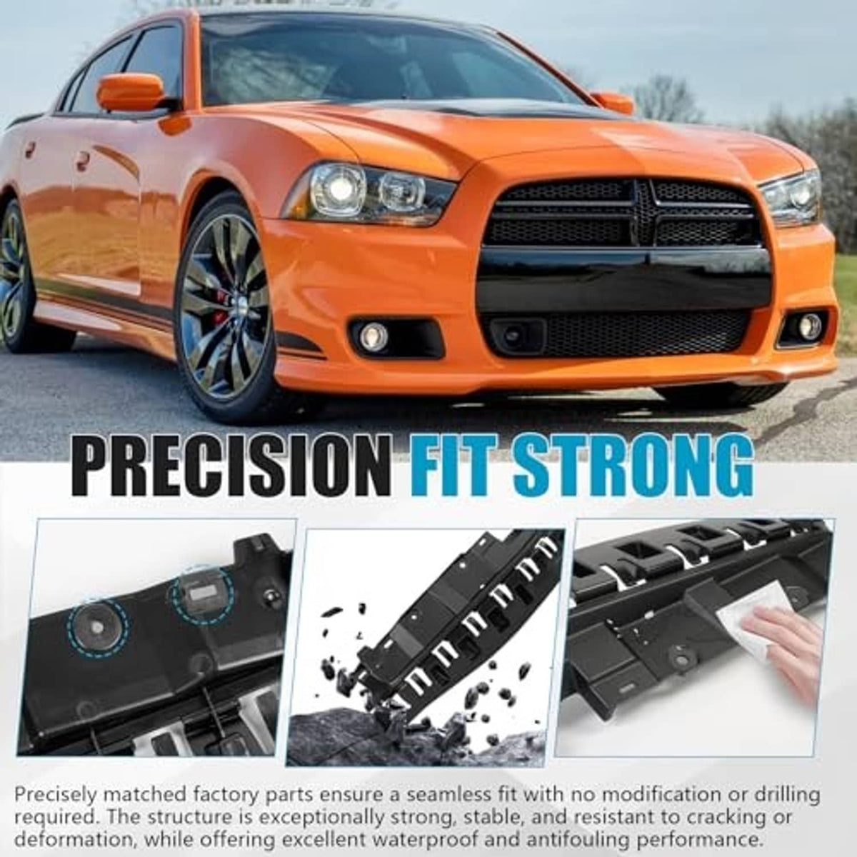 Black radiator support cover with multiple clip openings and molded support tabs