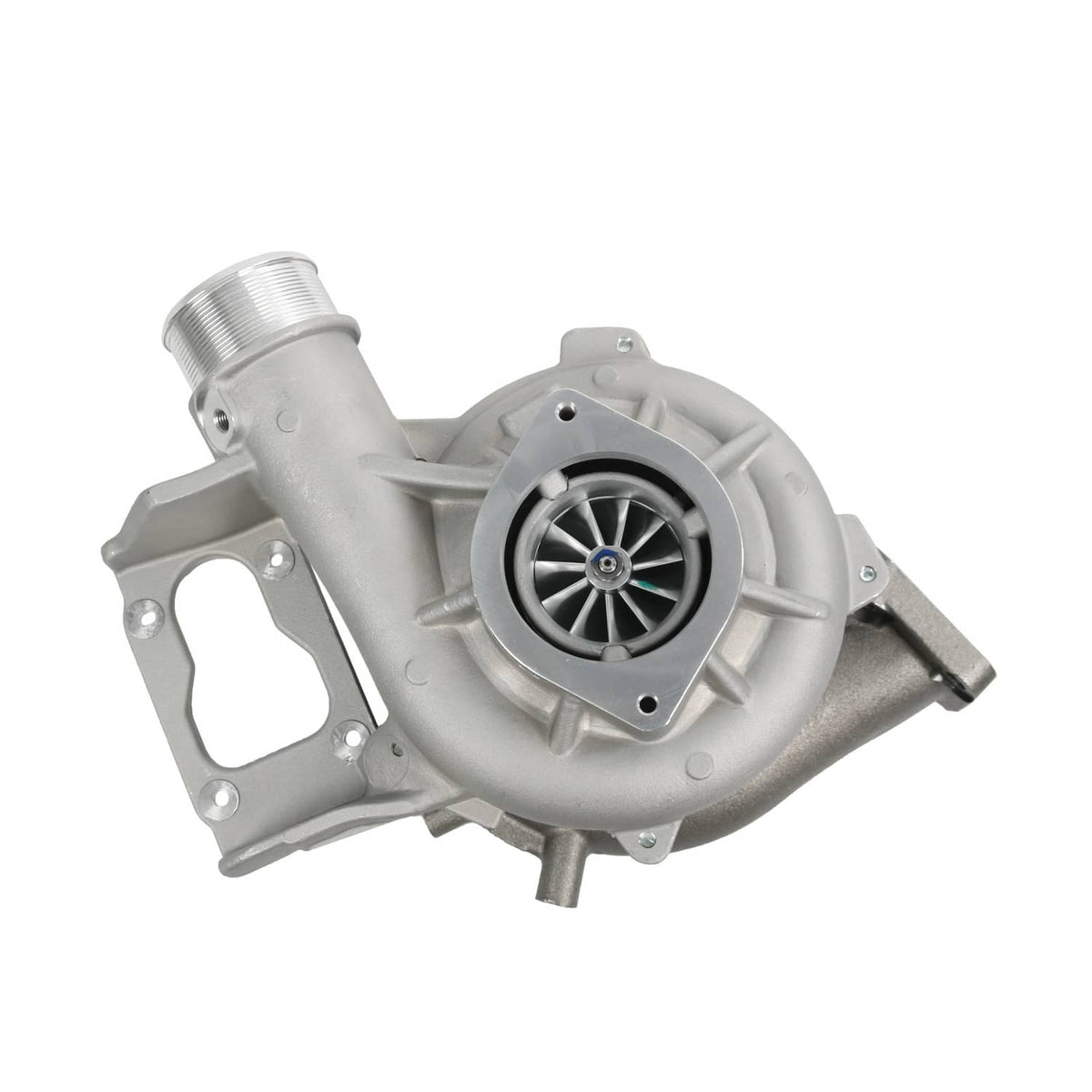 Turbocharger with turbine housing and compressor wheel visible through front intake