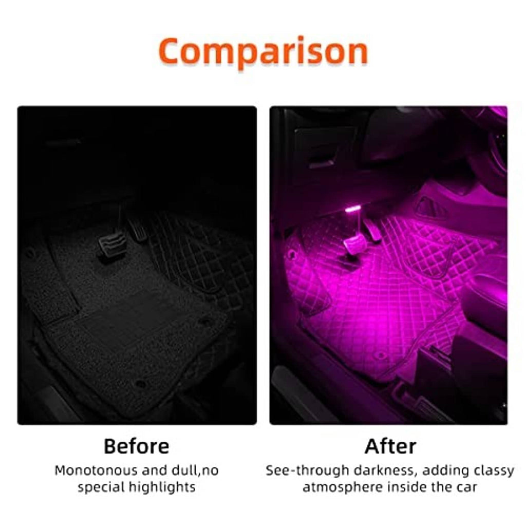 Car LED interior lights projecting blue and purple glow on car floor mat