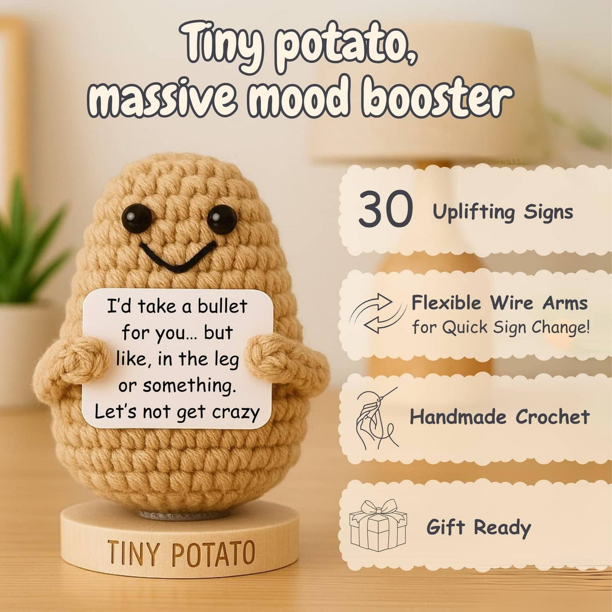 Crochet potato figurine on wooden base with a small funny note attached