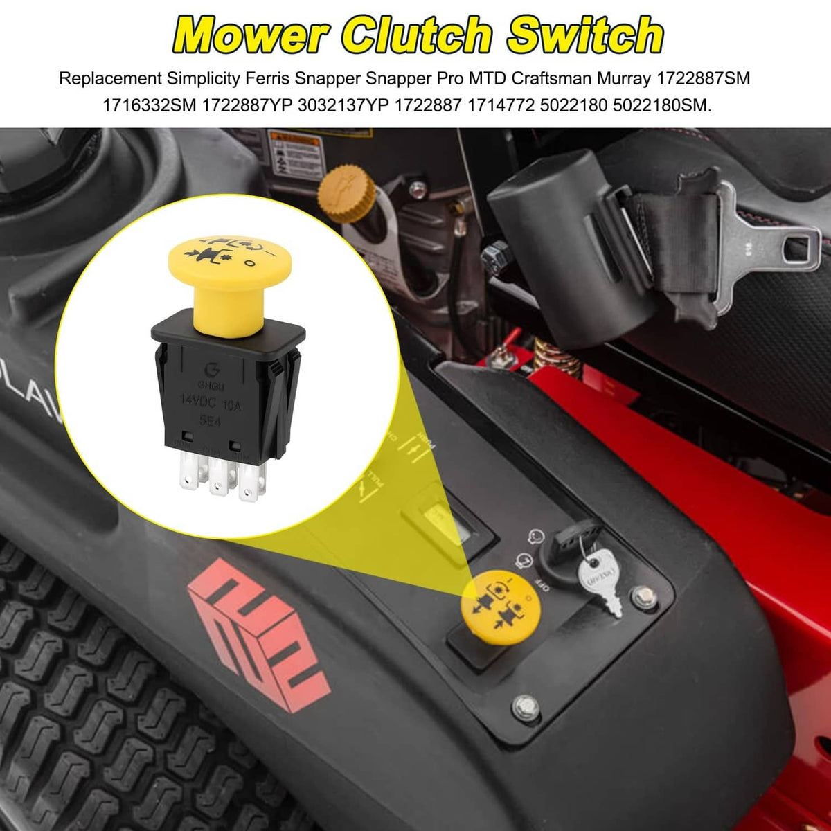 Mower clutch PTO switch with yellow button, black housing, and four metal terminals