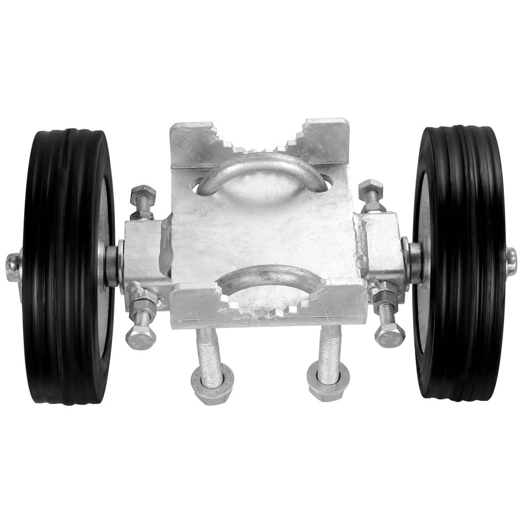 Galvanized roller bracket with two adjustable black wheels for sliding gate hardware