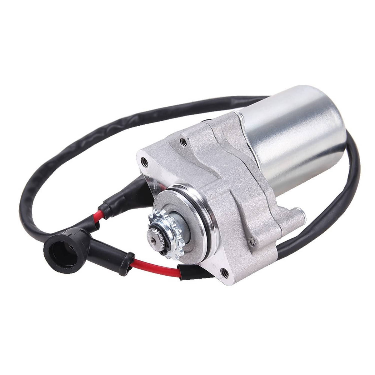 ATV starter motor with circular starter drive and black/red cable, silver housing