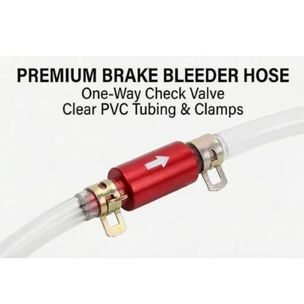 Universal brake bleeder hose with red one-way valve, clear tubing, and clamp ends