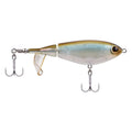 Berkley topwater lure with silver twin hooks and light blue cupped propeller tail