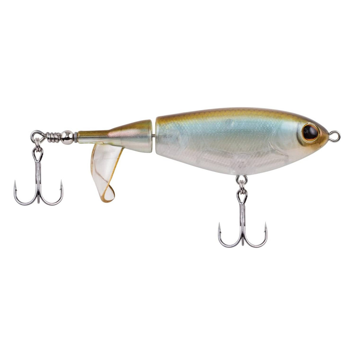 Berkley topwater lure with silver twin hooks and light blue cupped propeller tail