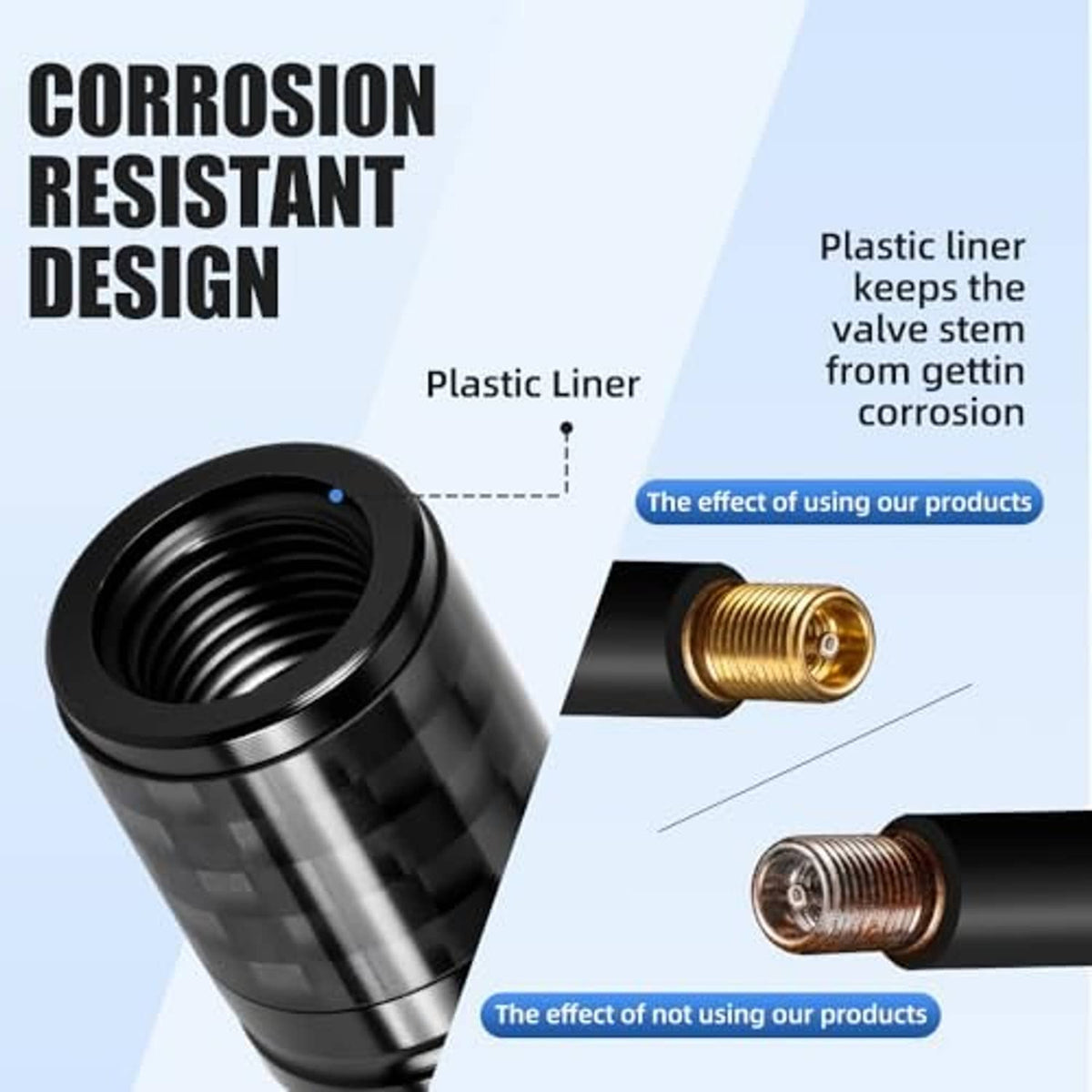 Black carbon fiber-style tire valve stem cap with skull emblem; shows threaded end