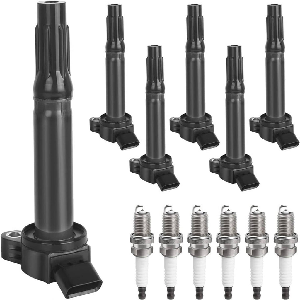 Ignition coils with spark plugs, including several coil units and silver-tipped plugs