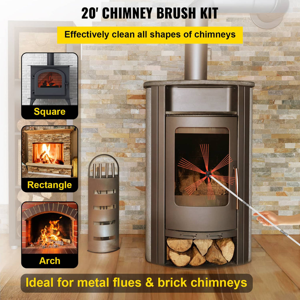 20ft chimney brush kit shown with adjustable rods and chimney brush head for flues