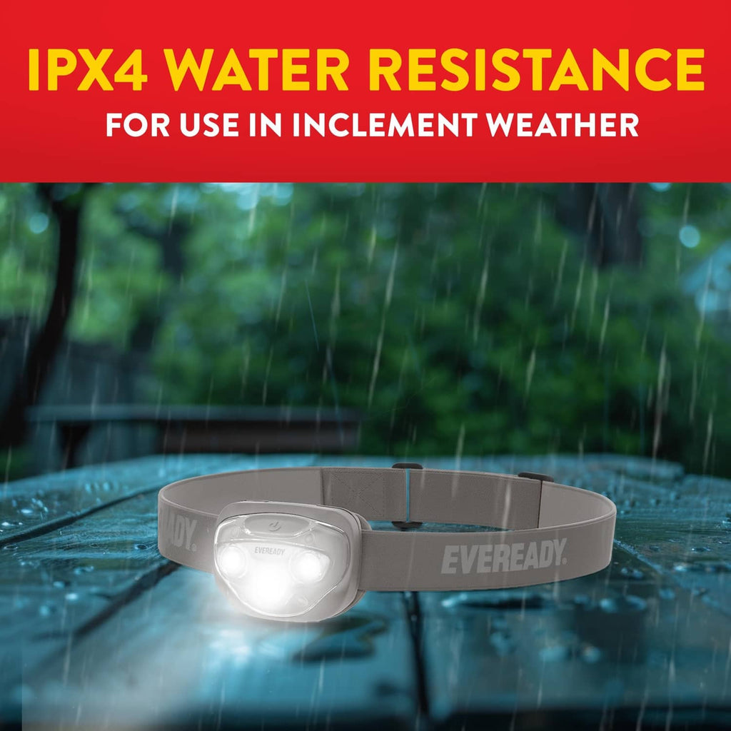 Gray EVEREADY LED headlamp with lit lens on adjustable head strap