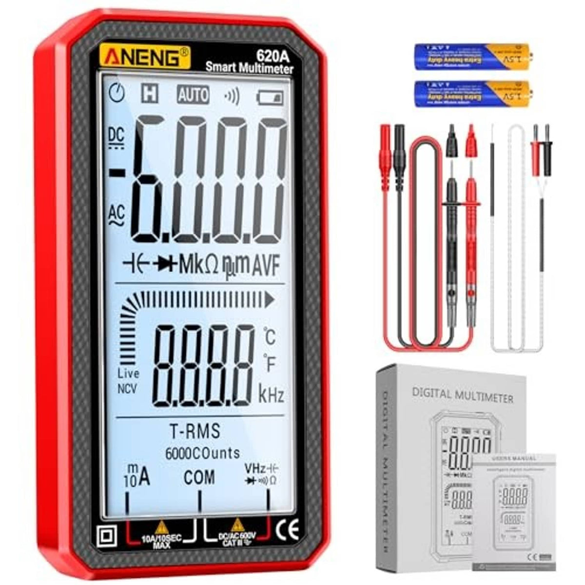 Red handheld digital multimeter with LCD screen and included test probe set