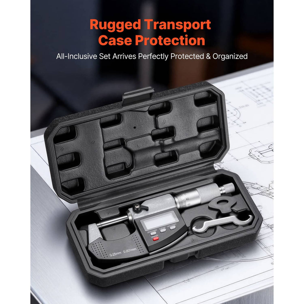 Digital micrometer set in rugged black carrying case with molded insert