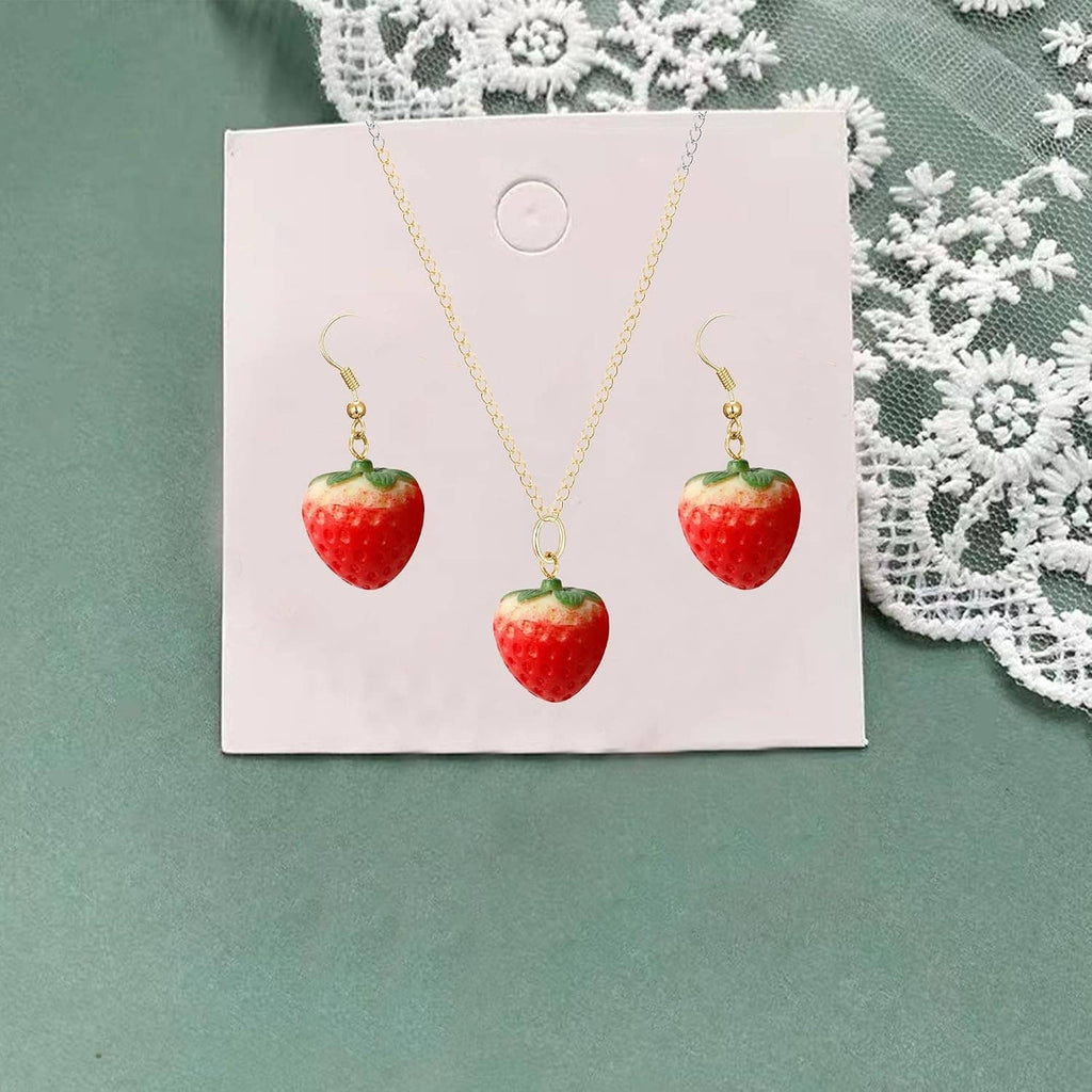 Strawberry necklace and earrings set with gold-tone chain and red strawberry charms