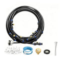 Outdoor patio misting cooling system with coiled black tubing and brass fittings