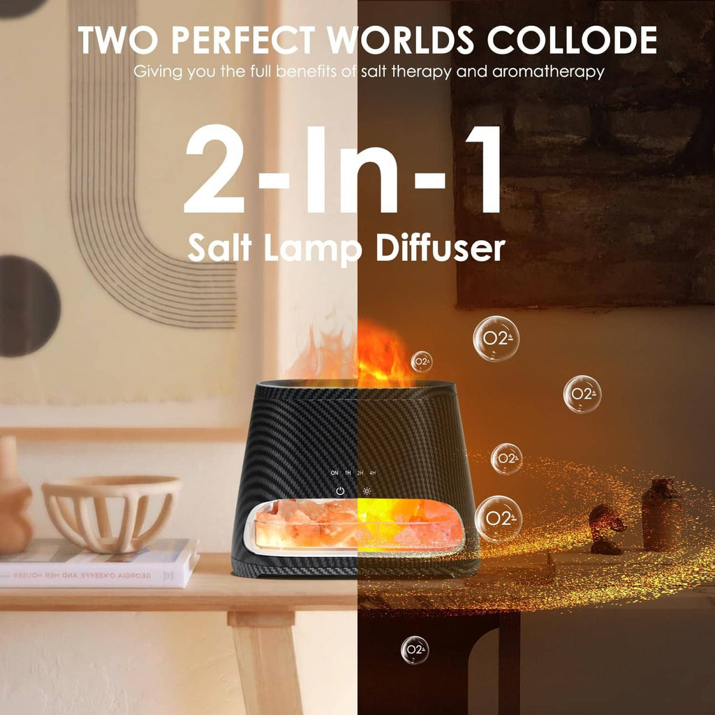 Carbon black 2-in-1 salt-lamp diffuser on a table with warm flame