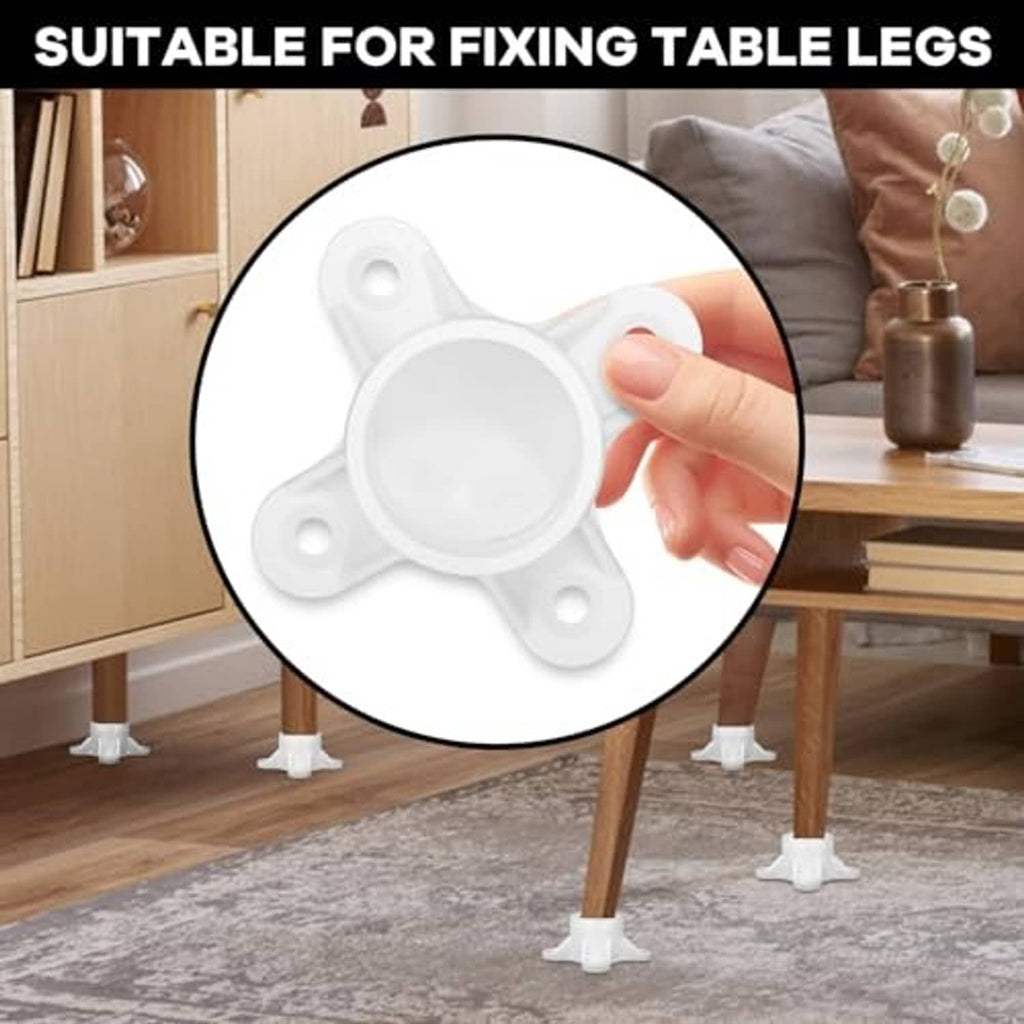 White 1-inch PVC flange fitting for table legs, held by hand above a table