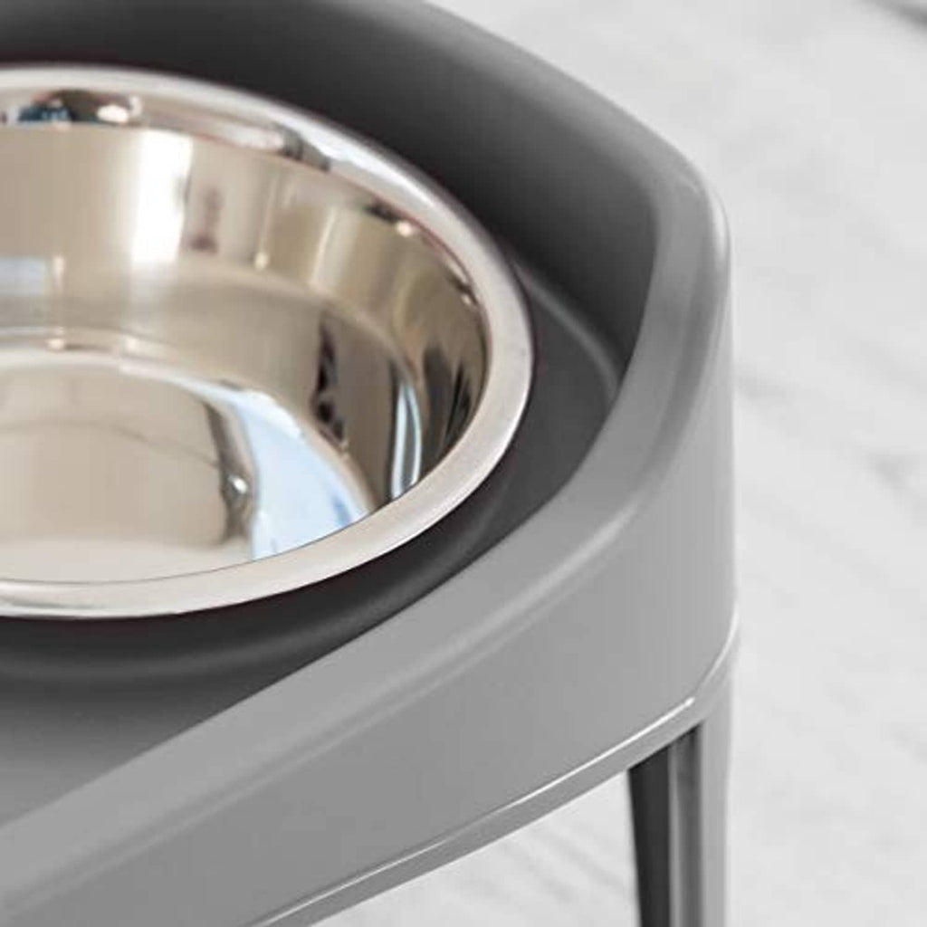 Close-up of gray elevated dog bowl rim with stainless steel insert