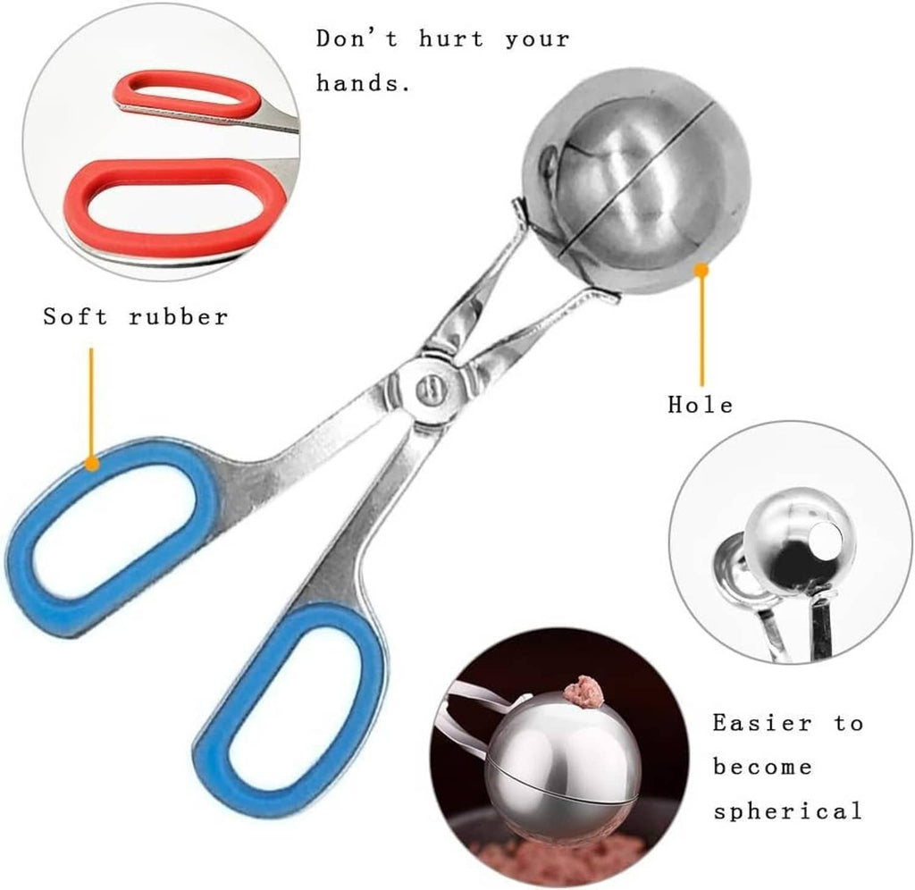 Stainless meatball scoop with blue grip handles and red accents, 2-piece set.