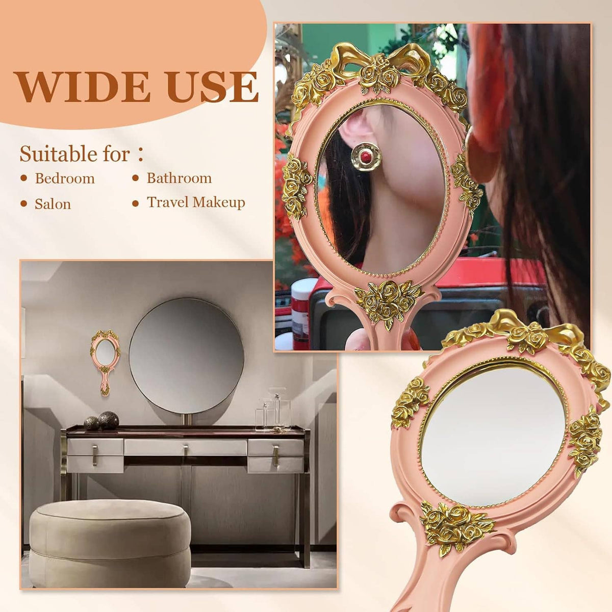 Pink oval handheld makeup mirror with gold floral embossed frame on stand