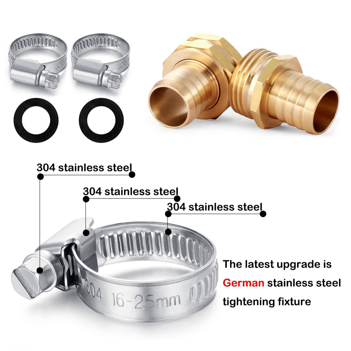 Brass barbed connector set with 304 stainless-steel clamps and black O-ring gaskets
