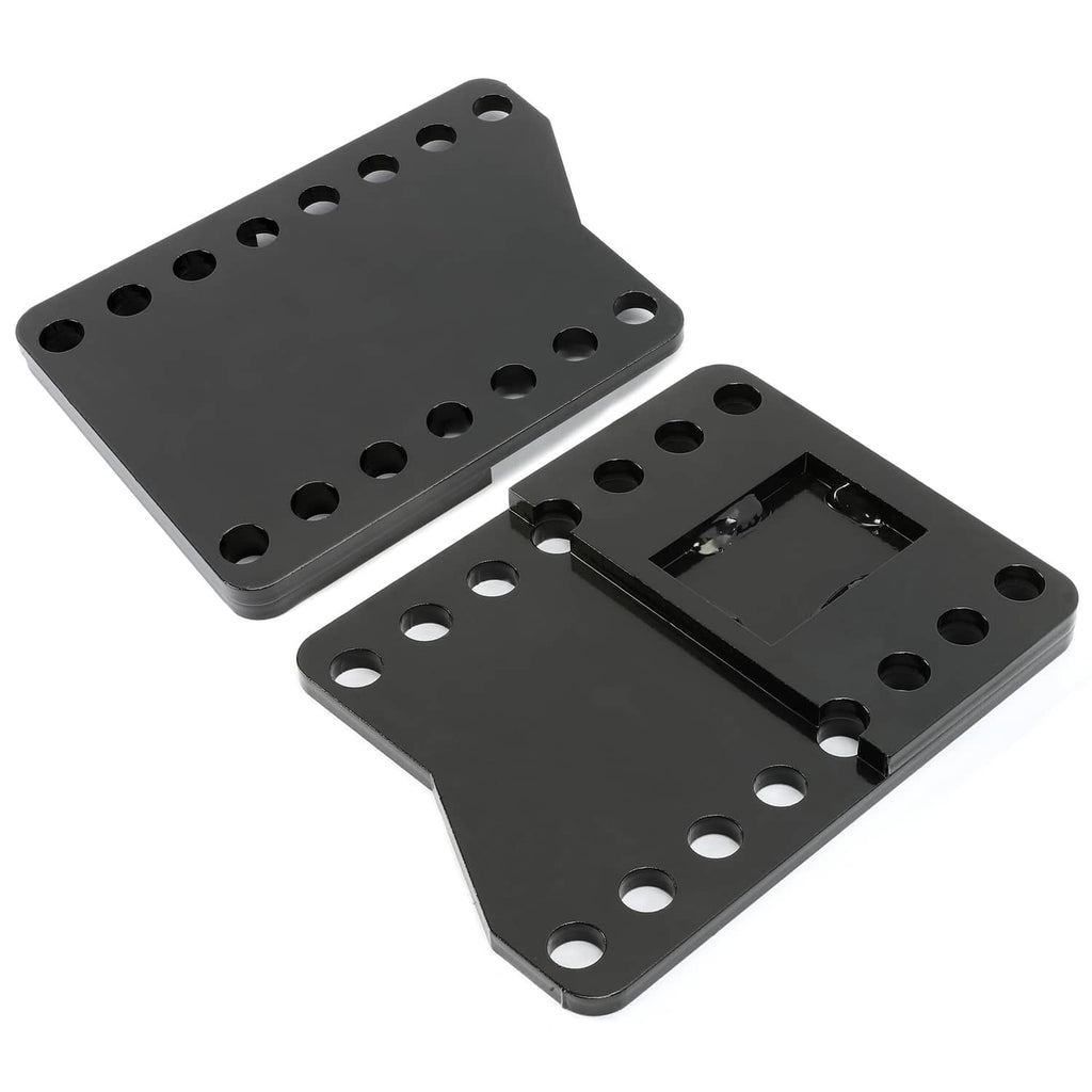 Pair of black steel lift brackets with mounting hole patterns and insert slots