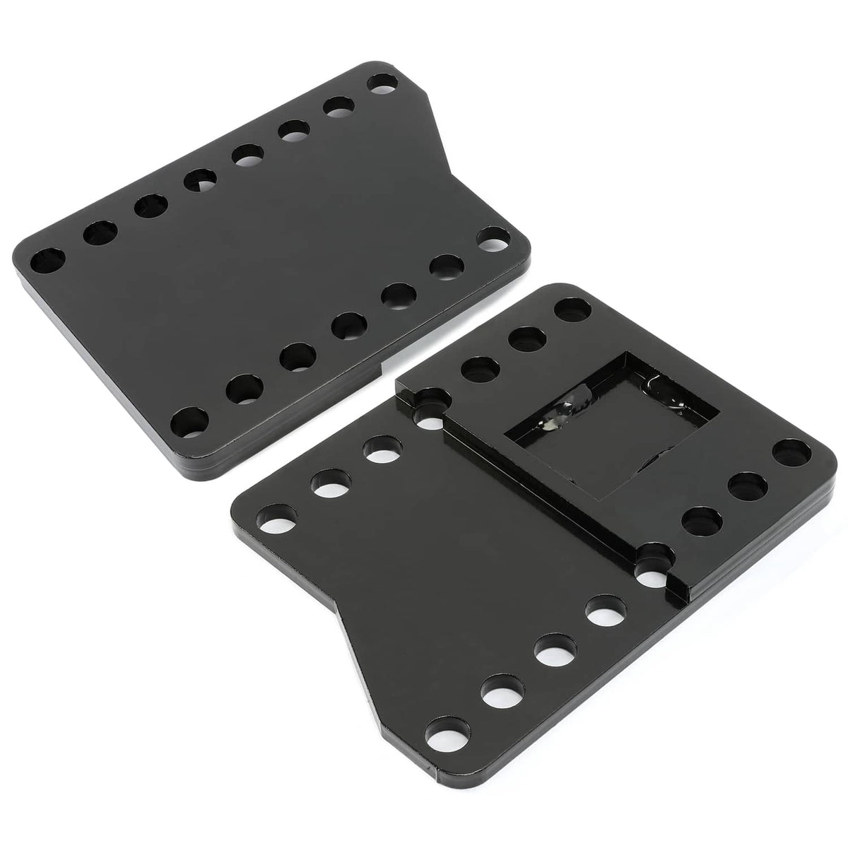 Pair of black steel lift brackets with mounting hole patterns and insert slots