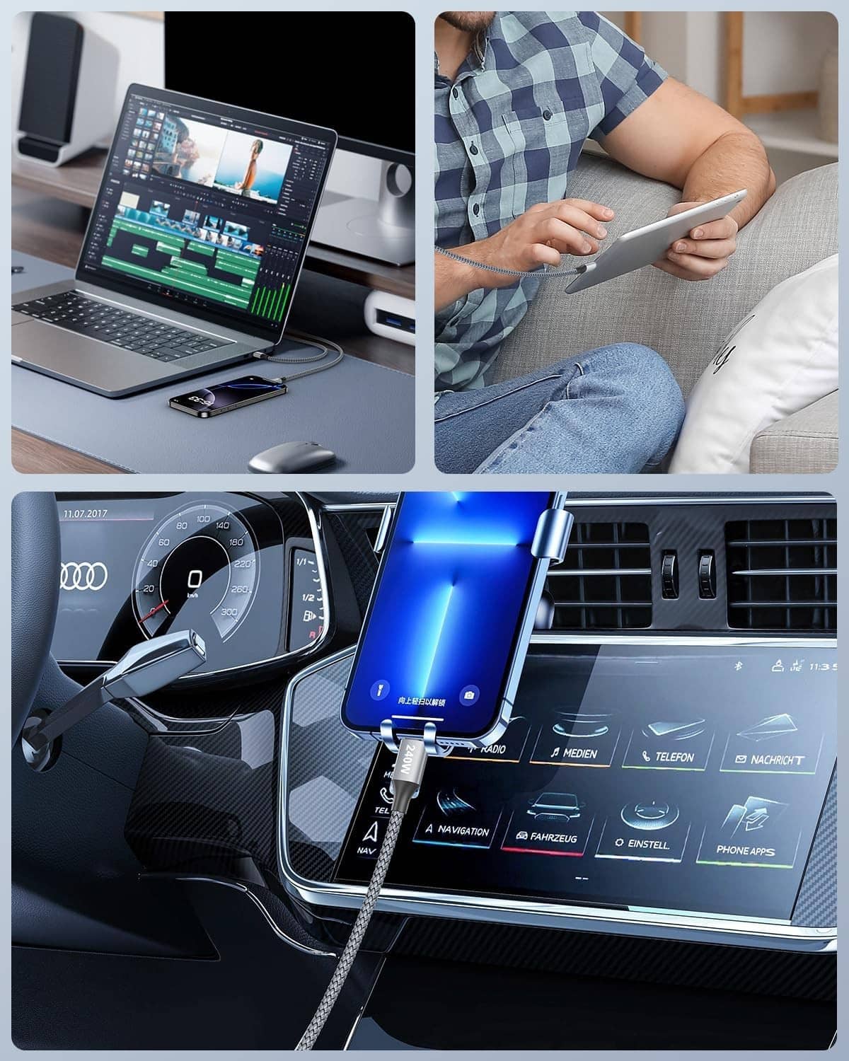 USB-C to C cable with grey braided sheath for charging laptop, phone, and in-car use