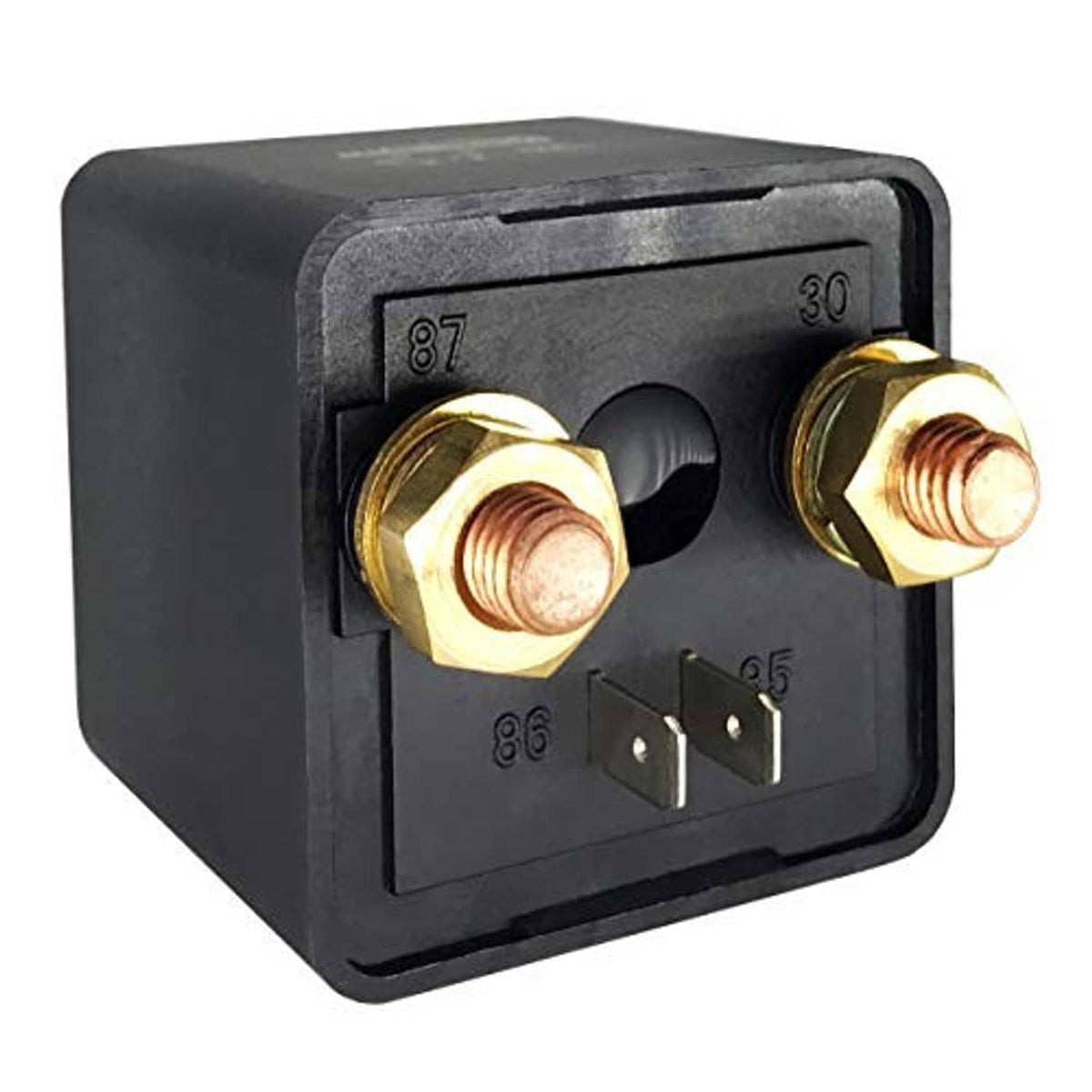 12V 4-pin relay close-up of black terminal cover with two brass screw studs