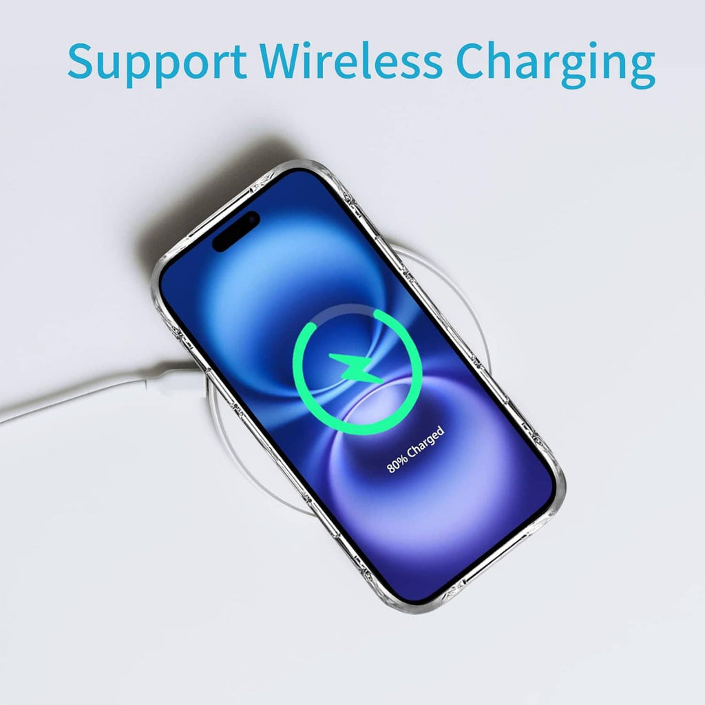 Transparent iPhone 16 Plus case supporting wireless charging with clear protective bumper
