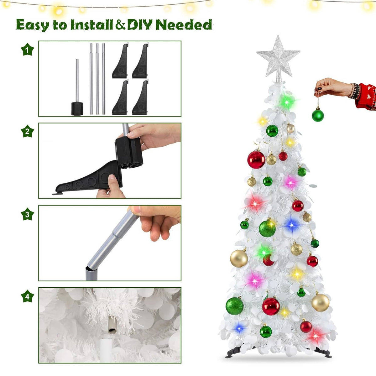 White pop-up Christmas tree with star topper and flashing multicolor LED lights