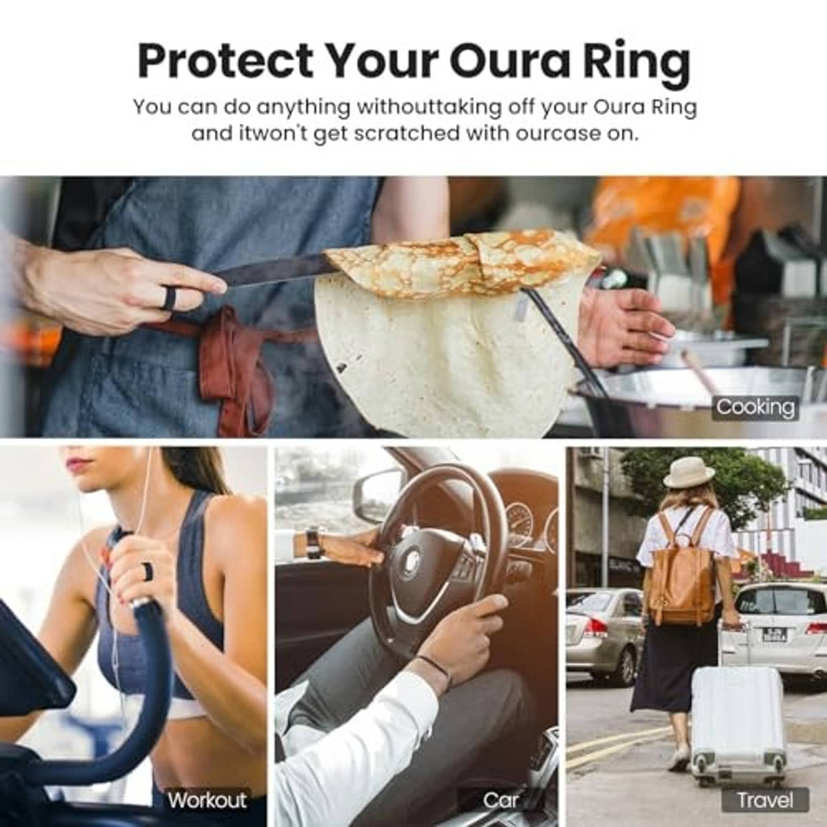Black silicone ring cover worn on a finger during daily activities