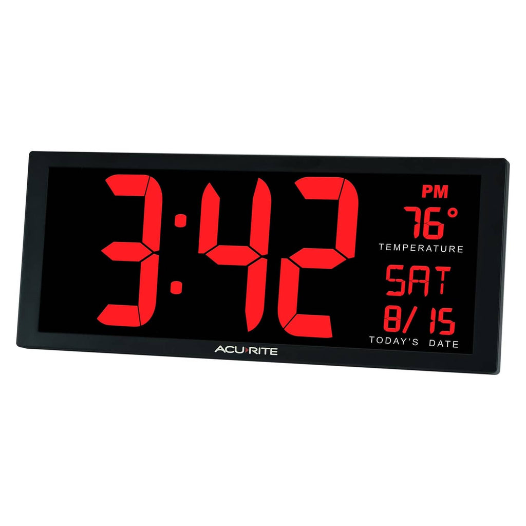 Acurite digital wall clock, black bezel with red LED time, temperature, and date