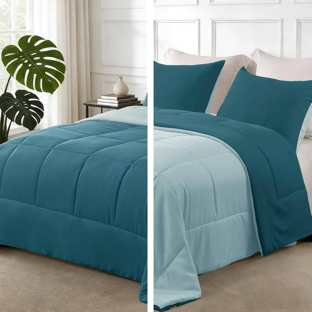 King-size reversible comforter set, teal quilted bedspread with matching pillows