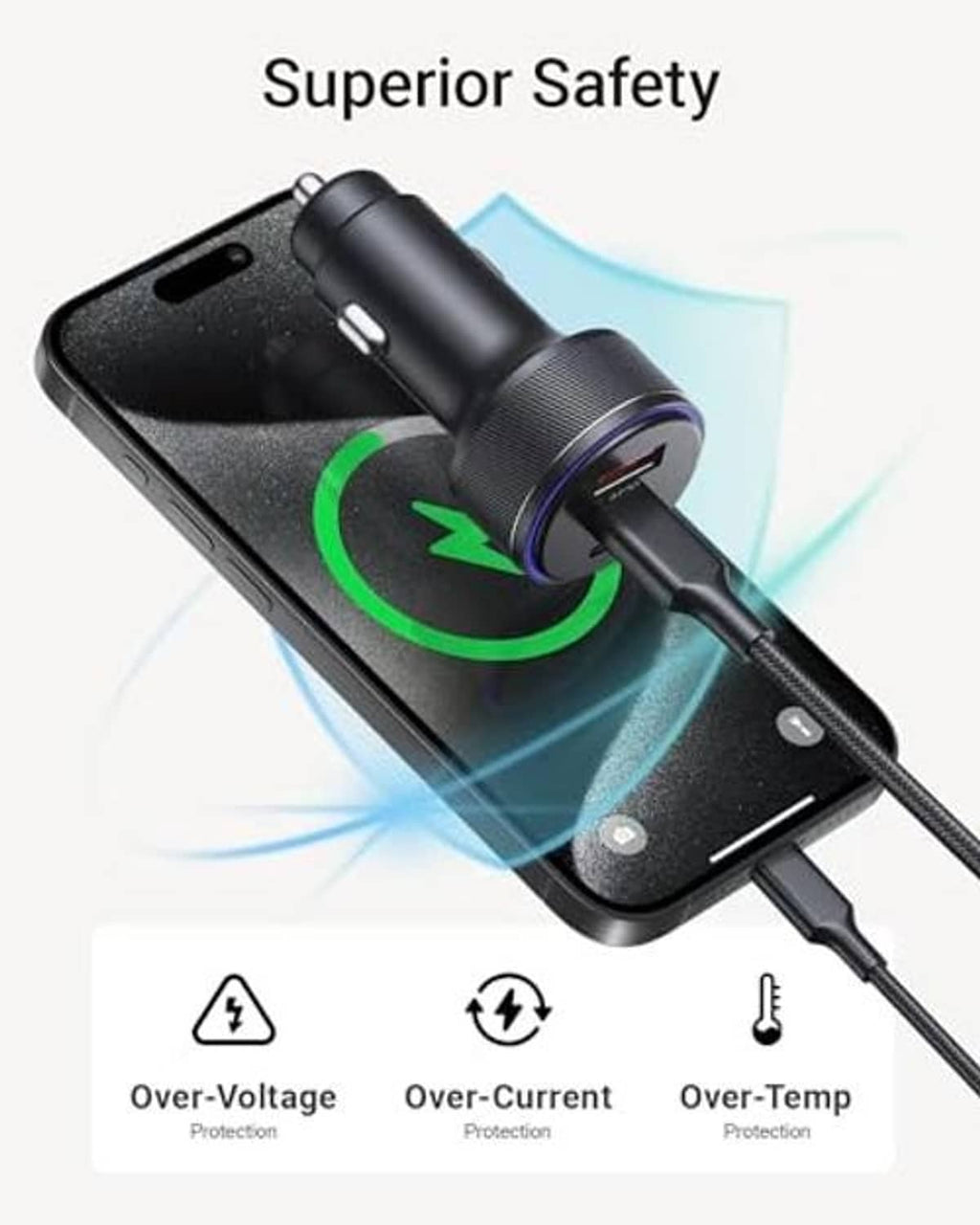 USB car charger with blue LED ring and safety protection feature icons