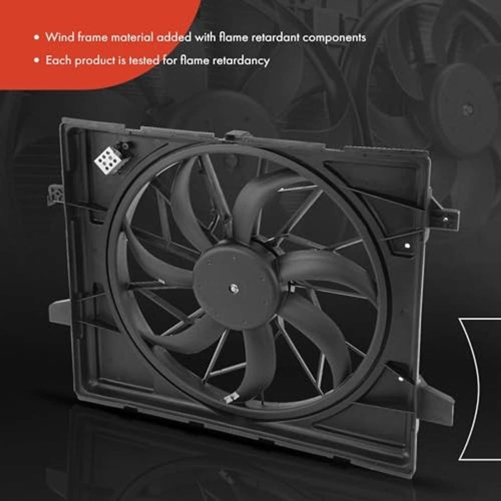 Radiator cooling fan assembly with black shroud housing and multi-blade fan