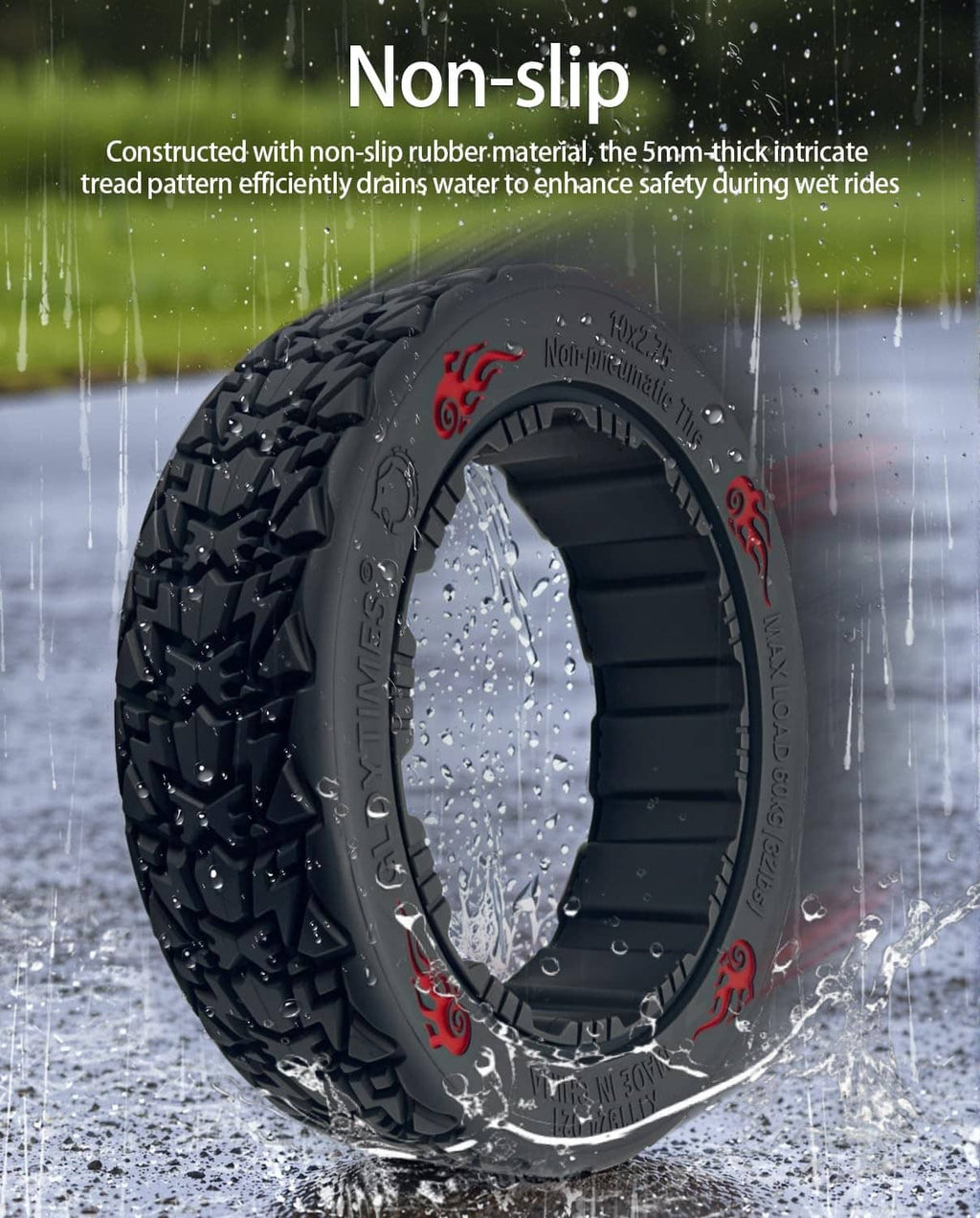 Black off-road go-kart tire with water-splashed surface and deep tread for traction.