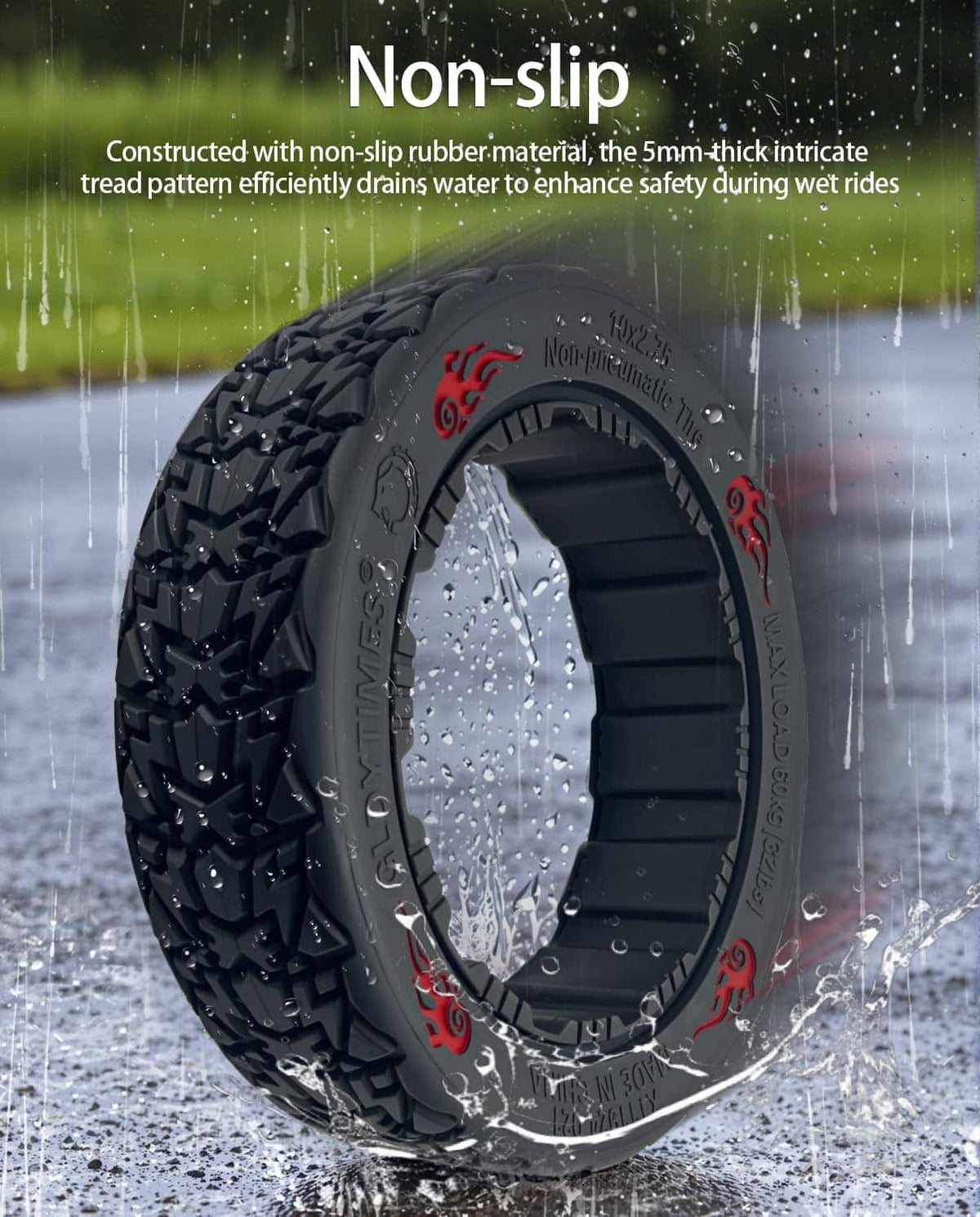 Black off-road go-kart tire with water-splashed surface and deep tread for traction.