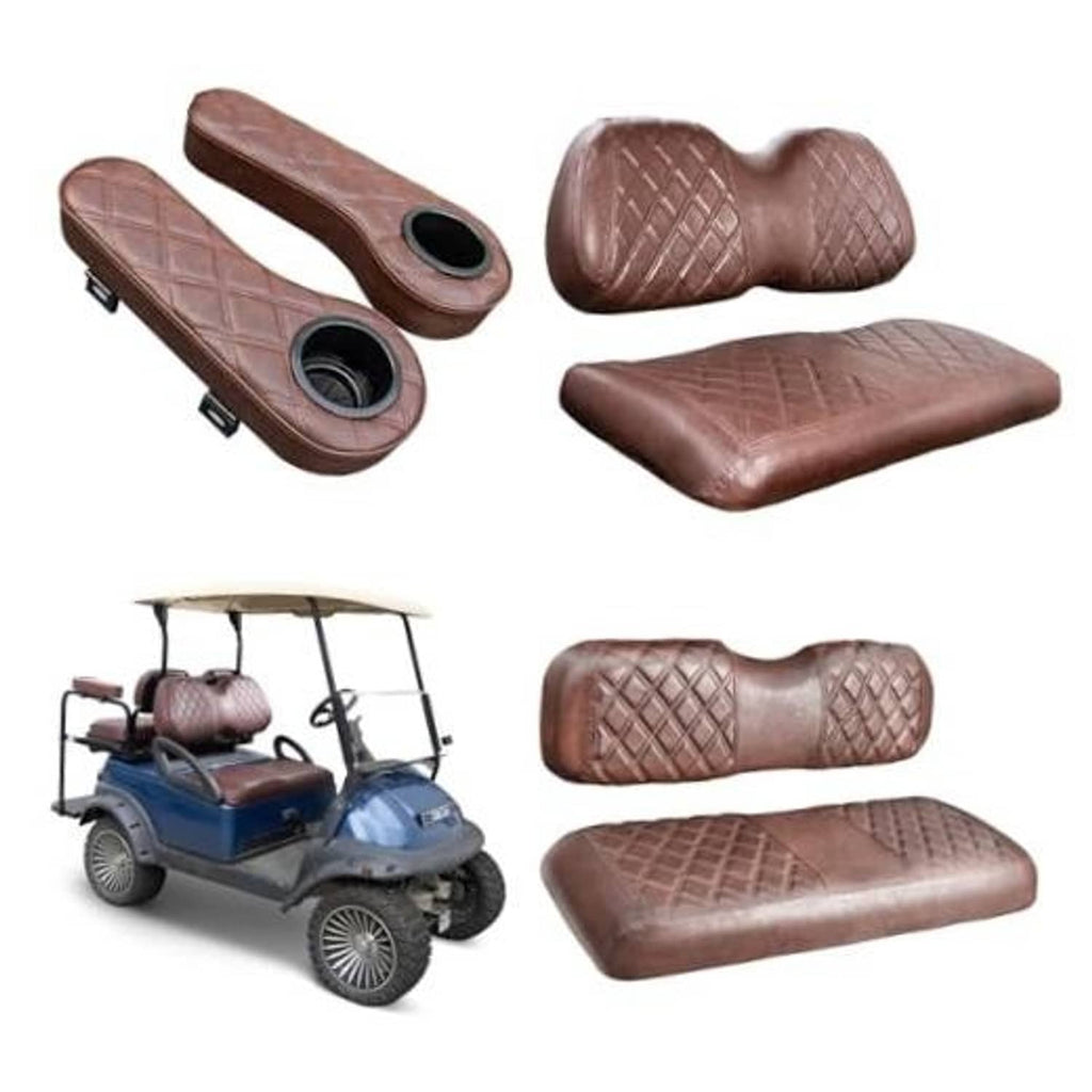 Brown quilted golf cart seat covers set with armrest pieces and cup openings