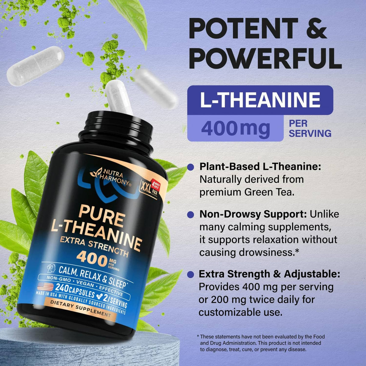 L-theanine 400 mg supplement bottle with blue label and white capsules on top