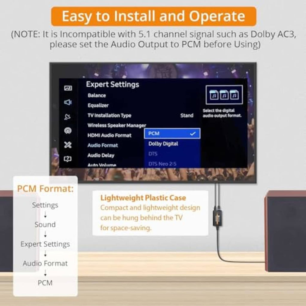 Optical-to-RCA DAC converter with compact lightweight case and RCA audio cable