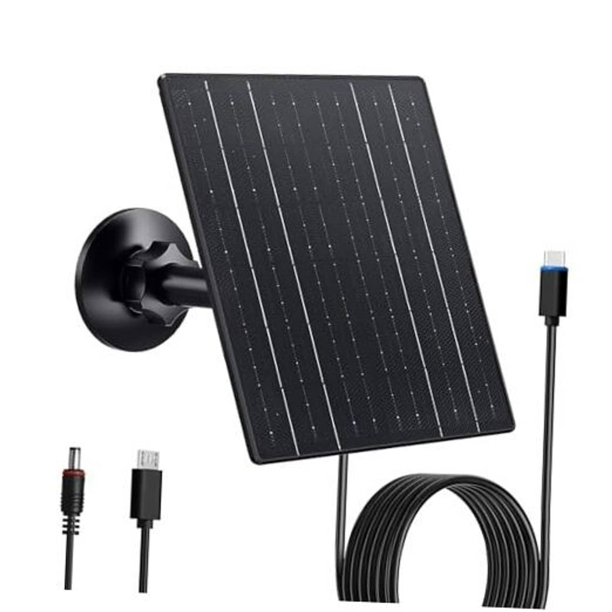 Black solar charger panel with suction mount and cable leads (USB-C/micro USB)