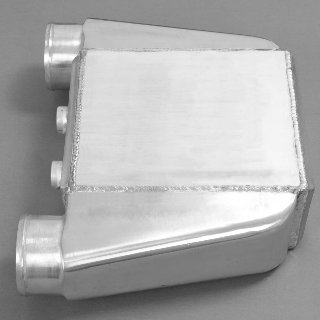 Aluminum water intercooler with end tubes and top core panel, welded silver metal